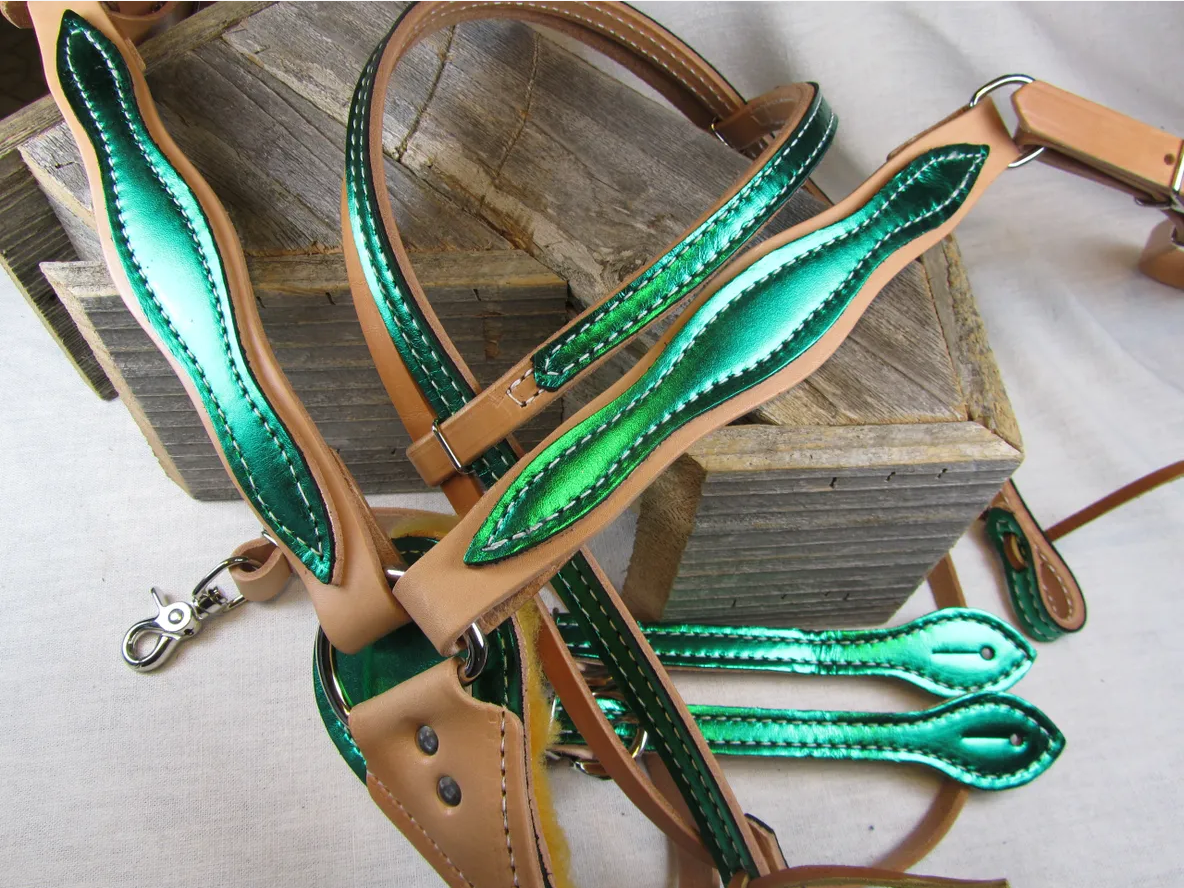 Metallic Bright Green Headstall, Breastcollar, Reins