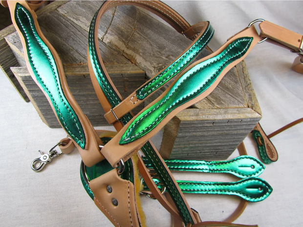 Metallic Bright Green Headstall, Breastcollar, Reins