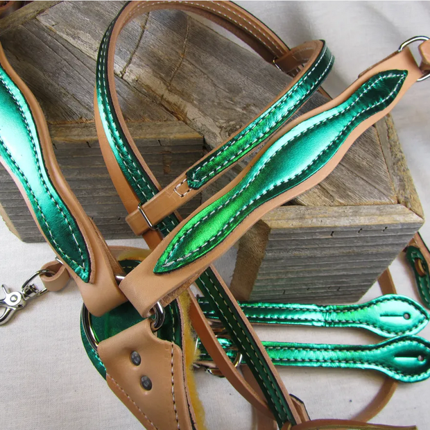 Metallic Bright Green Headstall, Breastcollar, Reins