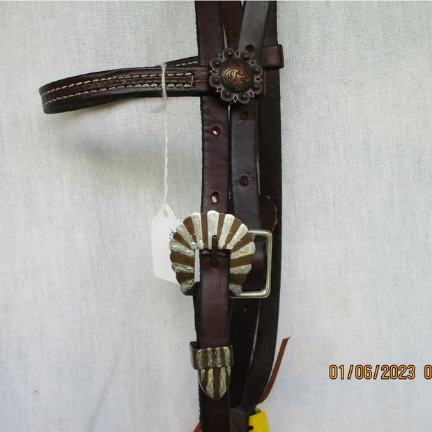 Mini Leather Brow Headstall with Antique Flower & Steel Dots