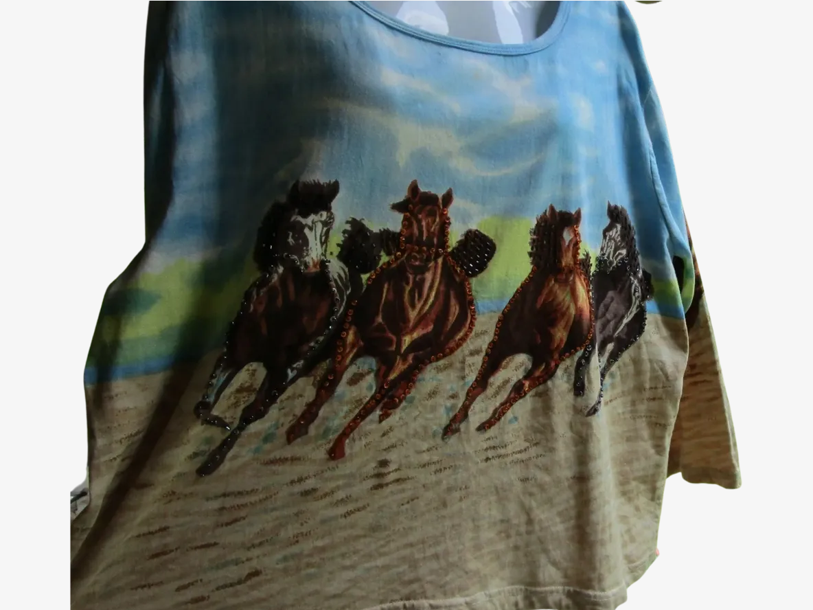 T-Shirt with Horses, 3/4 Length Sleeve