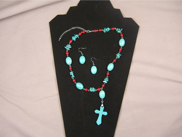 Turquoise & Red Necklace and Earrings