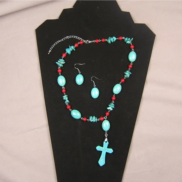 Turquoise & Red Necklace and Earrings