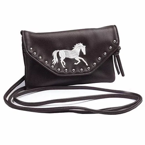Chocolate brown faux leather Cross Body with silver-tone studs and embroidered galloping horse