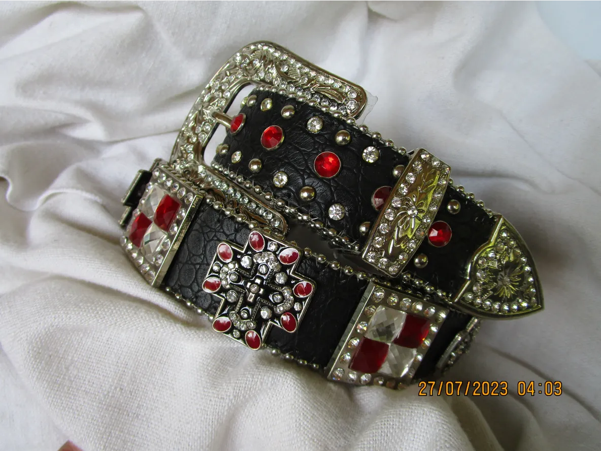 Child's Belt, Black with Red Stones and Cross Conchos