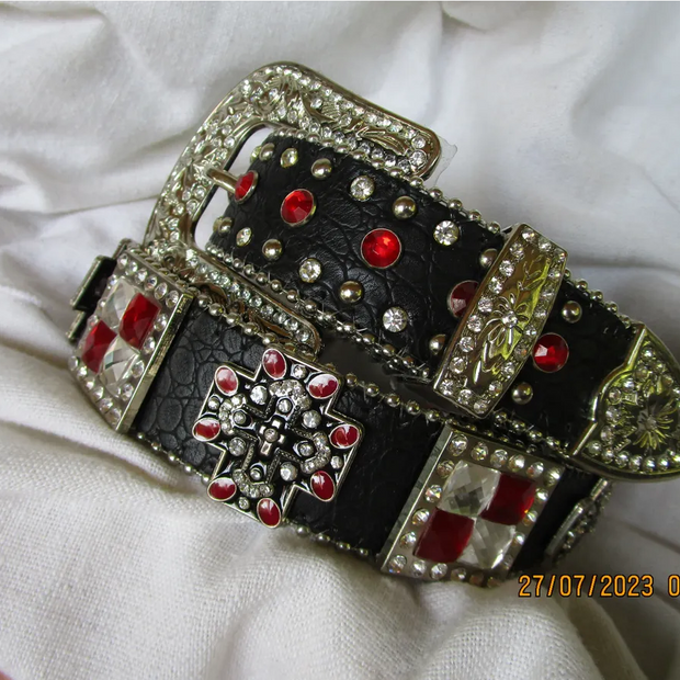 Child's Belt, Black with Red Stones and Cross Conchos
